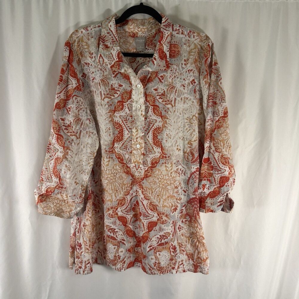 Chico's 100% Linen Tunic Women's 2 12 14 White Orange Floral Long Sleeve